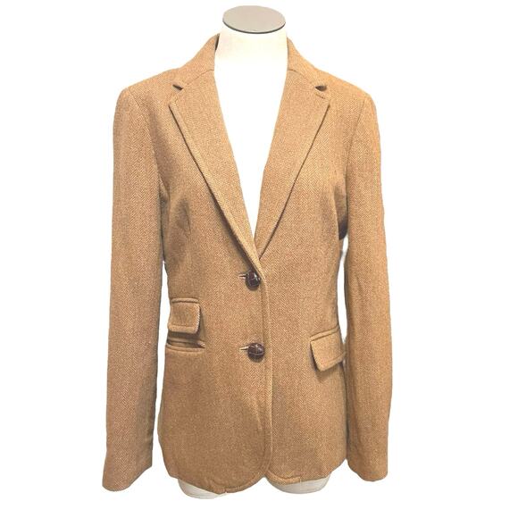 J. Crew Womens Tan Wool Hack-ing Herringbone Tweed Equestrian Work Blazer Sz 8 - Picture 1 of 16